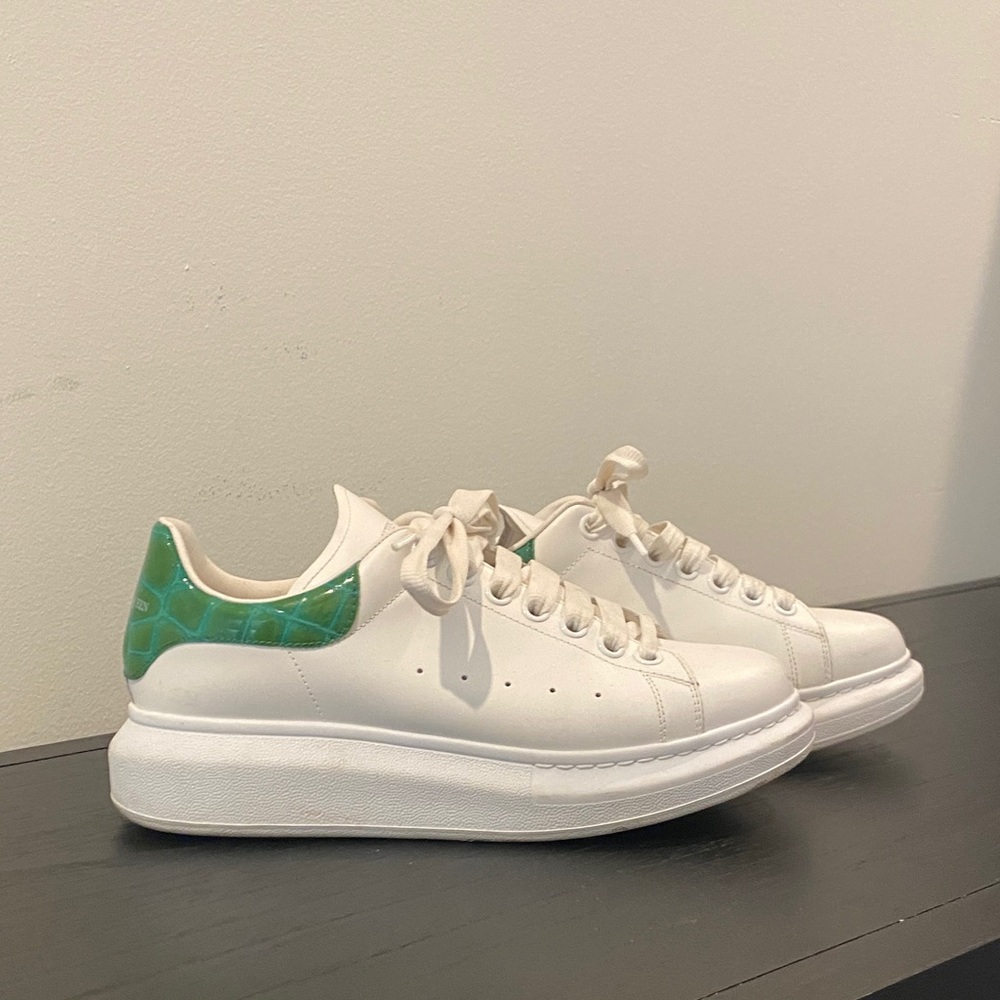 Alexander McQueen White Leather Sneakers with Green Croc Heel Tab